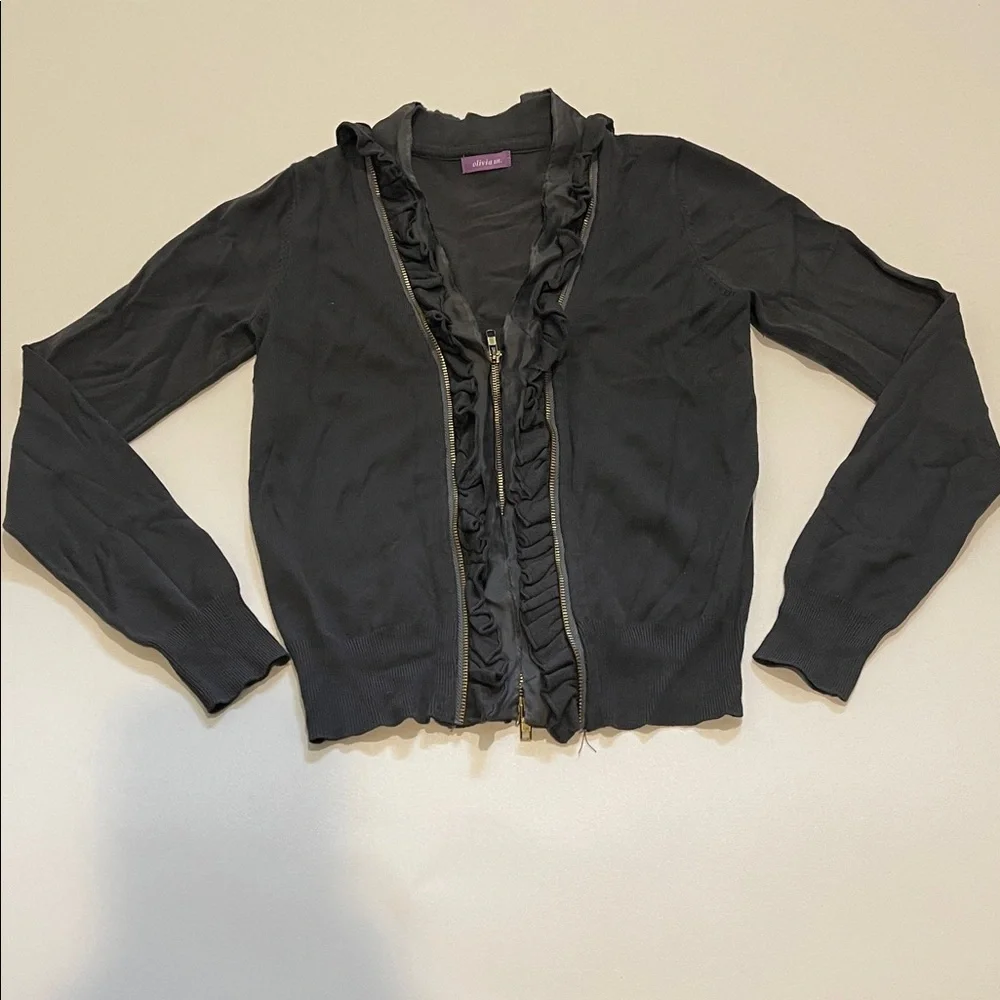 Olivia M. Black Ruffled Cardigan with Zip